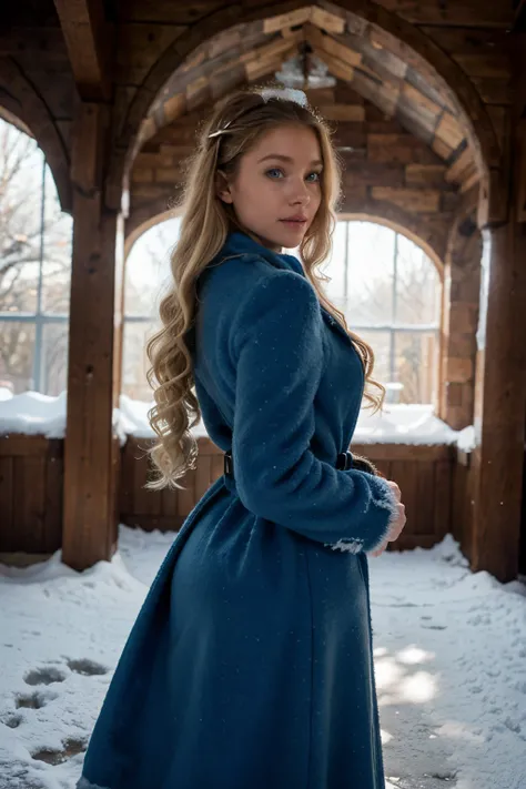 Transition the Christmas photoshoot Explore an ice castle or sculpture garden for a magical and artistic winter setting, featuring a blonde girl with cascading, curly hair till her sholders, enchanting blue eyes, and an alluring physique, enjoying the warm...