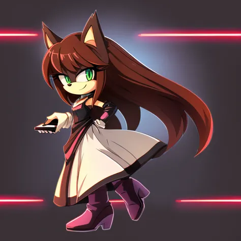 Female, Mobian, one hand on hip, (((2D Anime Style))), (solo), (1girl), high quality digital art, red and black neon lines sketch art, black cloudy background, a red furred female anthropomorphic hedgehog from Sonic the hedgehog who has glowing green eyes,...