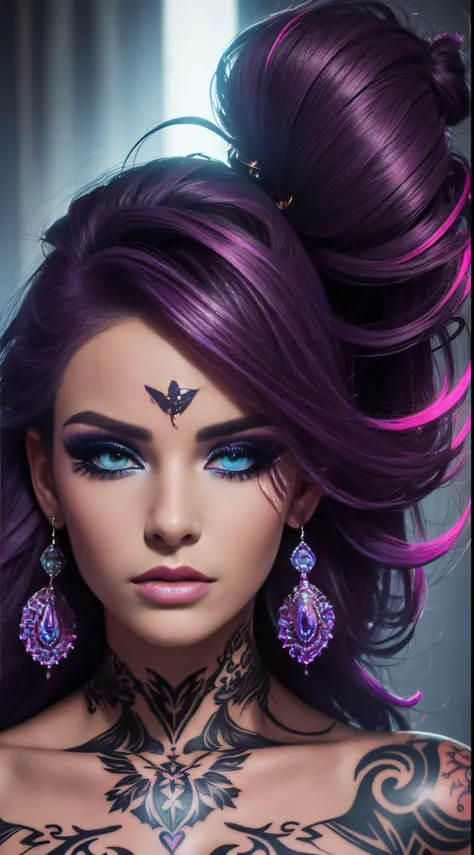 Photorealistic, Photo of European woman, colrful hair, huge eyelashes, huge bold eyelines, neon bold eyeshadows, high quality, colorful tattoos, huge earrings