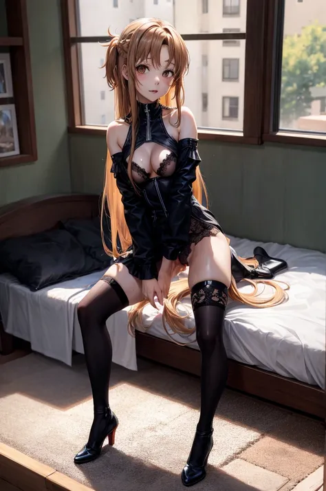 anime, highly detailed face, smooth eyes, highly detailed background, perfect lighting, full body, 1girl, solo, Asuna Yuuki, asuna, indoors, black heels, black thighhighs, light brown hair, bedroom, absurdres, high res, ultrasharp, 8K, masterpiece, looking...