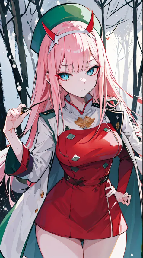 Zerotwo（Dear in Franks）， Dear in Franks，green russian hat, russian duchess, green duchess dress, warm clothes, in the forest, evening, snowy weather, atmospheric, 1girll， By bangs， nip， shadowing， long whitr hair， breast， upper legs， putting makeup on, red...