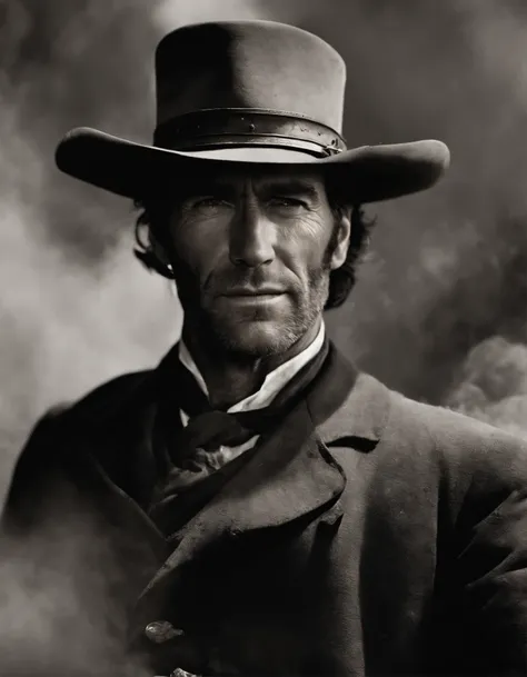 ((Clive Owen as Clint Eastwood, sideburns, old, stern, stubble, Bushranger, cowboy, bounty hunter)), in the style of Bernie Wrightson, Dean Cornwell, JC Leyendecker, Frank Frazetta, pulp, stubble, pulp adventure, holster, volumetric lighting, dramatic ligh...