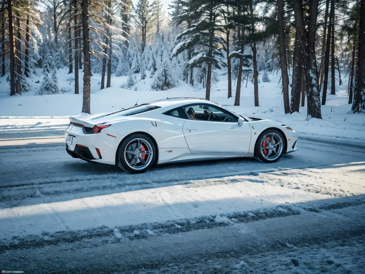 (best quality,4k,8k,highres,masterpiece:1.2),ultra-detailed,(realistic,photorealistic,photo-realistic:1.37),white Ferrari 458, winter night, snowy road, bright headlights, reflection on the wet asphalt, tranquil atmosphere, moonlight, frosty air, falling s...