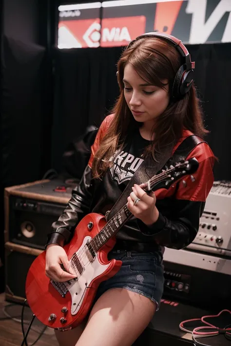 Femme de 25 ans, rock fan enjoy the music with a large red audio headset