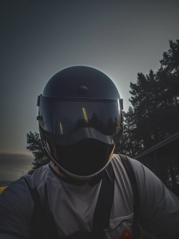 there is a man wearing a helmet and a shirt with a tie, reflection of phone in visor, dark visor covering face, dark visor covering top of face, point of view of visor wearer, reflection of iphone in visor, reflection on helmet, dark visor covering eyes, v...