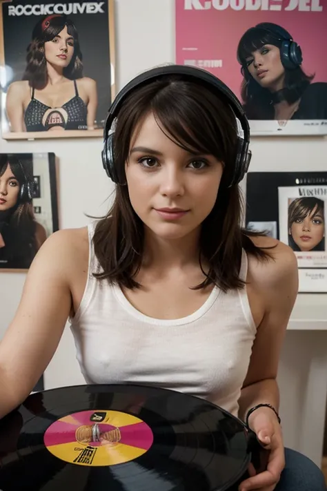 Femme de 25 ans fan de rock écoute un disque vinyle au casque