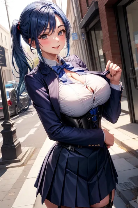 1girl face, blue hair, smile,, 1girl, large breasts, huge chest, short pony tail,, skirt, school uniform, shirt, corset, outdoor, slim body, garter belt, blazer