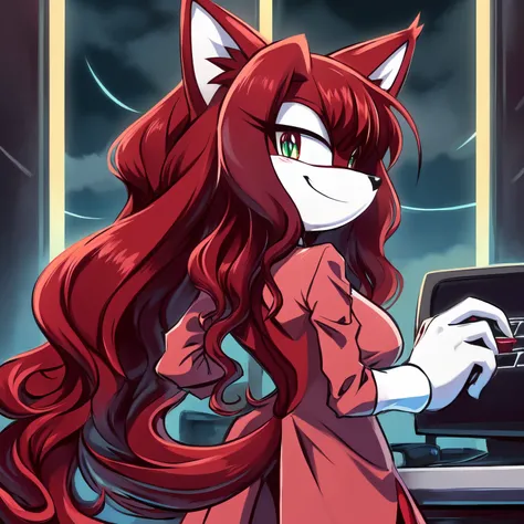 Female, Mobian, Fox, one hand on hip, (((2D Anime Style))), (solo), (1girl), high quality digital art, red and black neon lines sketch art, black cloudy background, a dark crimson furred female anthropomorphic Fox, has glowing green eyes, (((dark crimson f...