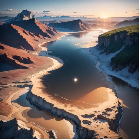 Planète , plante avatar luminescente , avec Montagnes et lac Magic Valley, Planètes、intergalactique、nuage、Et une rivière et un ciel magnifique, Un hyper-réaliste, 4K, résEau d&#39;Images , brillant, magnifique, beau, 8k, ULTRAHD , coucher de soleil , océan...