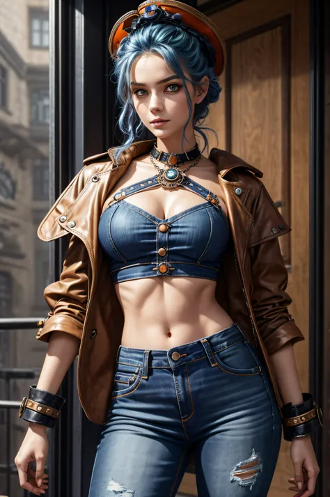 Eine junge Dame, steampunk, helle Haut, helles Haar, Crop Top und Jeans, blue and orange tones, 
Diamanten, Perlen, fotorealistisch, Mode