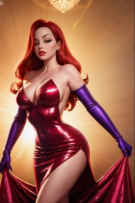 jessica rabbit with a big boobs in a red dress, high cut out, long elbow length purple gloves