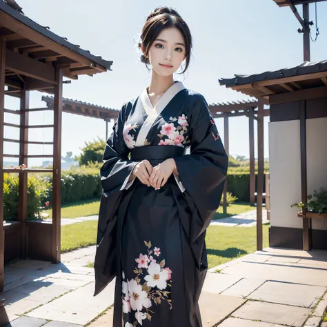(Super beautiful woman in kimono)、((best qualtiy、8k masterpieces:1.3))、White kimono、foco nítido:1.2、(ultra beautiful faces:1.0)、(shinny skin:1.0)、photos realistic、、from the front side、medium breasts、With a happy smile、Slender Abs Beauty、Whole body、wearing ...