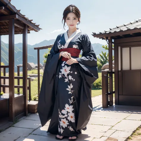 (Super beautiful woman in kimono)、((best qualtiy、8k masterpieces:1.3))、White kimono、foco nítido:1.2、(ultra beautiful faces:1.0)、(shinny skin:1.0)、photos realistic、、from the front side、medium breasts、With a happy smile、Slender Abs Beauty、Whole body、wearing ...