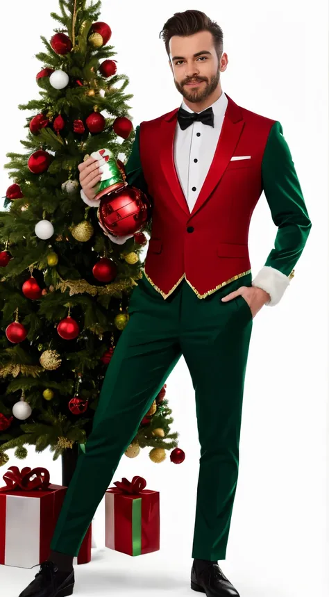 a man dressed in a green eleven suit holding a red and white christmas tree, Un Onceo con traje, Un Onceo de mediana edad,  Once, un Onceo macho, a las once, Elfo burlesco, Cuerpo completo con disfraz, Disfraz de alta calidad,  Girl Eleven, Elfos, Hermoso ...