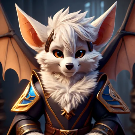 Fluffy bat paladin male, average height, white hair, portrait, detailed, 4k quality, bat wings, bat legs, average height, cute, fluffy, closeup , pov