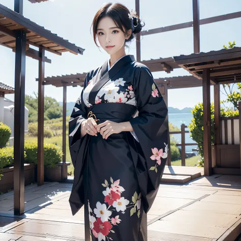 (Super beautiful woman in kimono)、((best qualtiy、8k masterpieces:1.3))、White kimono、with floral pattern、foco nítido:1.2、(ultra beautiful faces:1.0)、(shinny skin:1.0)、photos realistic、、from the front side、medium breasts、With a happy smile、Slender Abs Beauty...