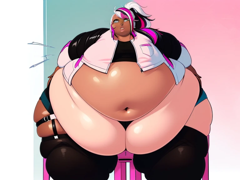 ((High quality:2.0)), Anime ,High Aesthetic, (masterpiece) ,((Well drawn face))morbidly obese, ((dark skinned )), (Femboy) . pop idol ,(( long Multicolored hair)), (( White hair with Hot pink Streaks:1.5)), ((Ponytail )),Wearing ((White  Jacket half ,a pin...