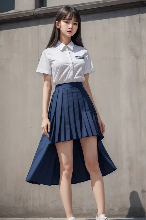 (extremely detailed CG:1.2), (masterpiece:1.2), (best quality:1.2),,((absurdres)),looking at viewer,full body, ,(1girl),solo,(long hair),(mathayom uniform),(white shirt short sleeves),(navy_blue pleated skirt),(long skirt),dynamic angle,standing,dynamic po...