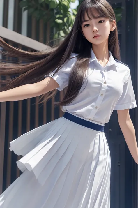 (extremely detailed CG:1.2), (masterpiece:1.2), (best quality:1.2),,((absurdres)),looking at viewer,full body, ,(1girl),solo,(long hair),(mathayom uniform),(white shirt short sleeves),(navy_blue pleated skirt),(long skirt),dynamic angle,standing,dynamic po...