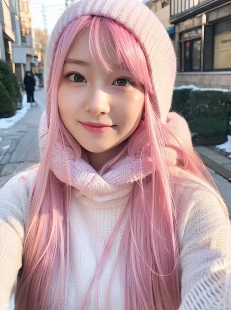 gamer girl, vibrant pink hair, long hair, white fringe, winter, selfie