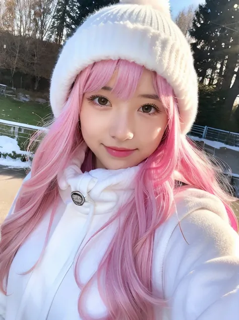 gamer girl, vibrant pink hair, long hair, white fringe, winter, selfie