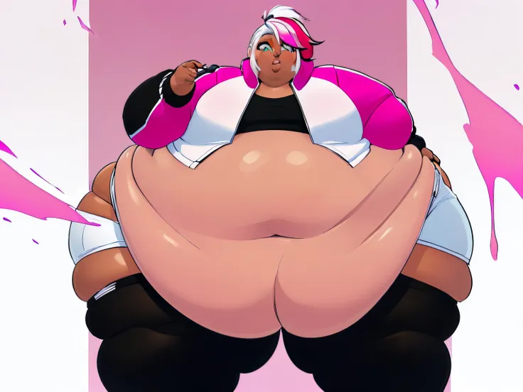 ((High quality:2.0)), Anime ,High Aesthetic, (masterpiece) ,((Well drawn face))morbidly obese, ((dark skinned )), (Femboy) . pop idol ,(( long Multicolored hair)), (( White hair with Hot pink Streaks:1.5)), ((Ponytail )),Wearing ((White  Jacket half ,a pin...