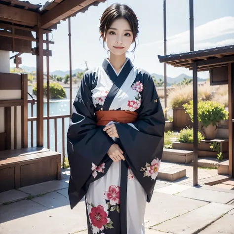 (Super beautiful woman in kimono)、((best qualtiy、8k masterpieces:1.3))、(White kimono)、(with floral pattern)、foco nítido:1.2、(ultra beautiful faces:1.0)、(shinny skin:1.0)、photos realistic、、from the front side、medium breasts、With a happy smile、Slender Abs Be...