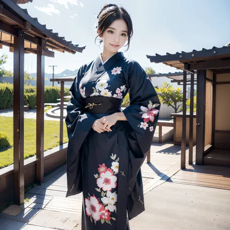 (Super beautiful woman in kimono)、((best qualtiy、8k masterpieces:1.3))、(White kimono)、(with floral pattern)、foco nítido:1.2、(ultra beautiful faces:1.0)、(shinny skin:1.0)、photos realistic、、from the front side、medium breasts、With a happy smile、Slender Abs Be...