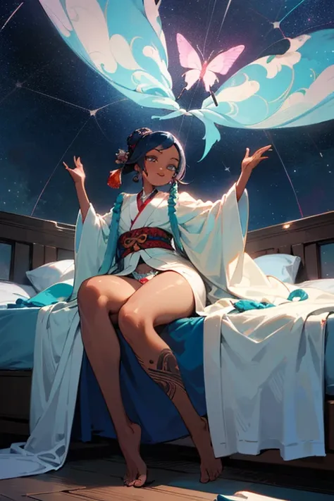 ((best quality)), ((masterpiece)), (detailed), perfect face, Cute, happy, ((1 dark skin girl with irezumi Tattoos wearing transparent turquoise robe)), on bed, open robe, full body in scene, butterfly locs hairstyle, tattooed legs, plump body, pubic hair s...