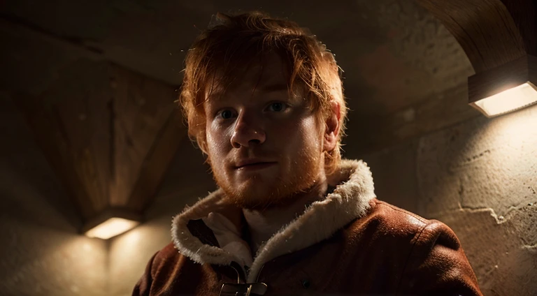 (extremely detailed and high-quality illustration),(best lighting and shadow effects, ultra-realistic), Ed Sheeran dressed as Santa Claus. Winter, Christmas scene. Lapland. Ginger hair.