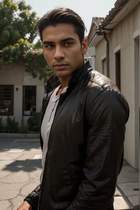 photorealistic ,handsome brown men, skinny face with broad jawline, realistic, proper lighting, wearing jacket, no shadow, front facing, photo realistic, Slicked Back Hair , black  jacket, brighter image ,low saturation, front face , full face , image deta...