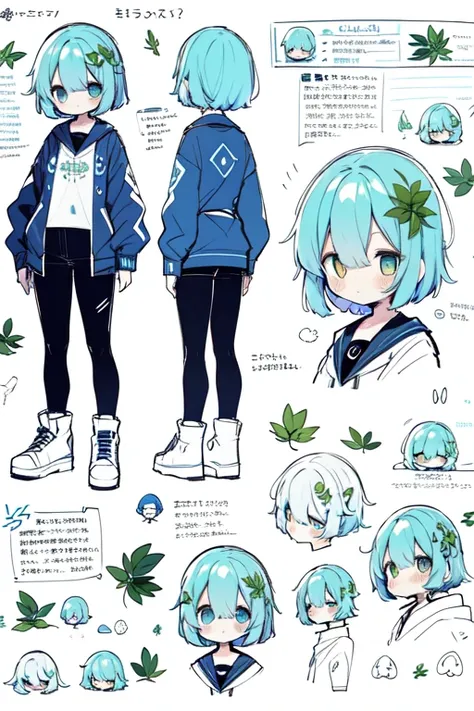 1girl in, ((Character information)、(Chara Leaf)、Type sheet, Character Sheets, Three types，Shot Full Body，Game Character Design，Colorful, Bright