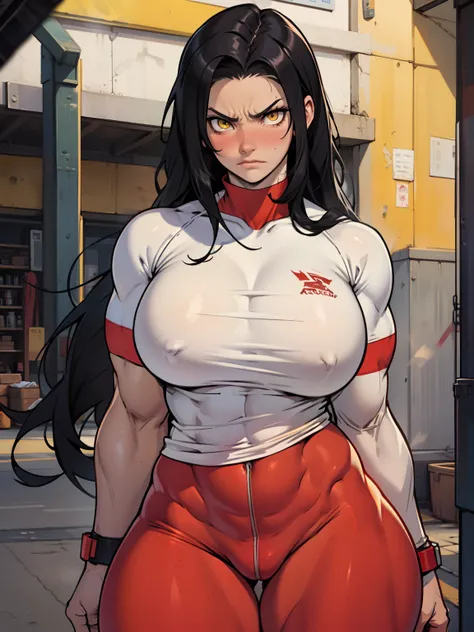 1girl solo black hair yellow eyes very long hair pale skin muscular muscular muscular muscular toned body huge muscles thick thighs girl tight clothes angry blushing tight shirt thick thick thick thick