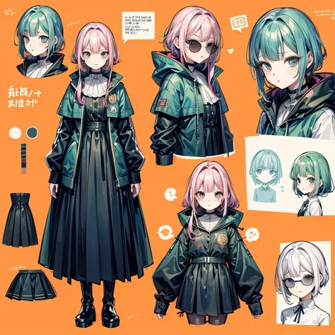 Character Sheets, Three types，Shot Full Body，Game Character Design，than a little flying moon，Girl in sunglasses and beans，Victorizo ∨TSE∨，Orange background,Stylistic expression, Character Sheets, Three types，Shot Full Body，Game Character Design，Victorizo ∨...