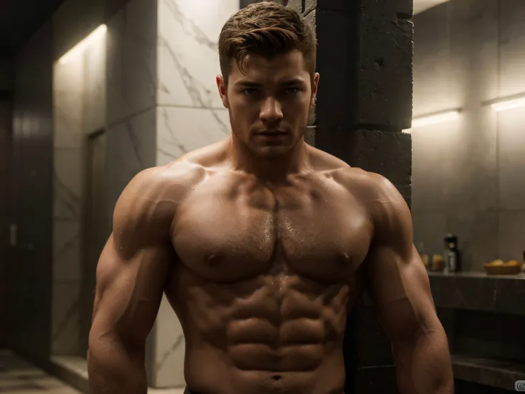 crear un espartano), Estilo de Dios griego, more than 2 meters tall, fuerte y musculoso, (Moreno con cara de modelo), totalmente desnudo, Pelo corto oscuro, hombre similar al actor taron egerton, (Imagen realista y de alta calidad), Antecedentes de la ciud...