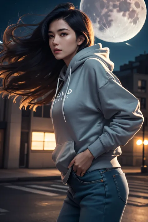 (photorealistic:1.2), best quality, 1woman, city, professional lighting, photo mapping, radiosity, physically-based rendering, mature, hair blowing in the wind, moon, night, oversized hoodie, short denim pants, floating hair, long hair, film grain