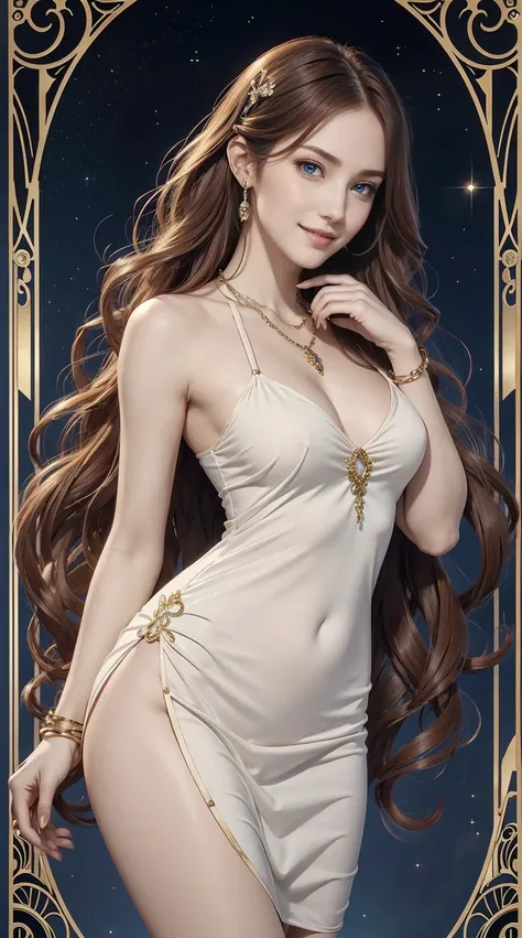 25-year-old Caucasian woman、hair color is reddish、blue eyess、Semi-long hair、setting hair、Wearing hair ornaments、My hair is wavy、Slender but thin macho、accessories on the wrist、wearing a chain necklace、Beautiful breasts、a smile、I need space above my head、Sh...