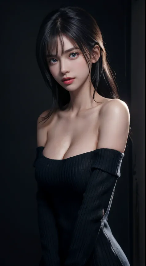 ultra high res, masterpiece, best quality, perfect glossy shiny skins, perfect lighting, detailed lighting, dramatic shadows, ray tracing, black sweater, looking at viewer, off shoulder, Big breasts, Exposed cleavage, blue Eyes, sharp face, sharp eyes, lon...