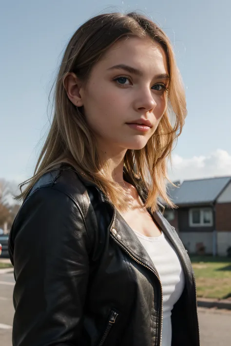 Extremely realistic blonde Russian girl with blonde hair and blue eyes, wearing a black leather jacket, white top, entire upper body, looking at the sky, not portrait