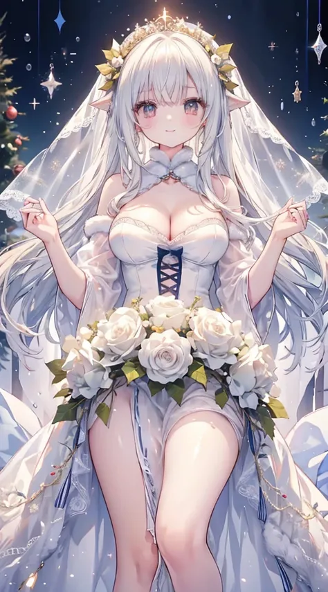 女の子1人、Christmas、nigh sky、Christmas tree、Its snowing、、Too large breasts、cleavage of the breast、white wedding dress and lace cape 、white  hair、Twin-tailed、Fluffy and soft long hair、A sparkling Christmas night、stele々shining brightly、A smile、Golden Eyes、Europe...