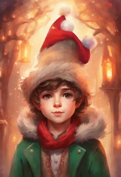 Portrait of a cute boys face in high definition, big bright eyes, rosy cheeks, with Christmas hat, green coat and red scarf, looking at camera.