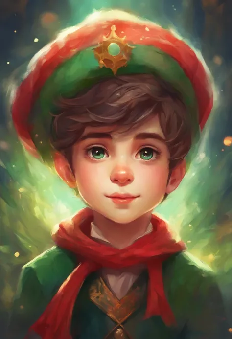 Portrait of a cute boys face in high definition, big bright eyes, rosy cheeks, with Christmas hat, green coat and red scarf, looking at camera.