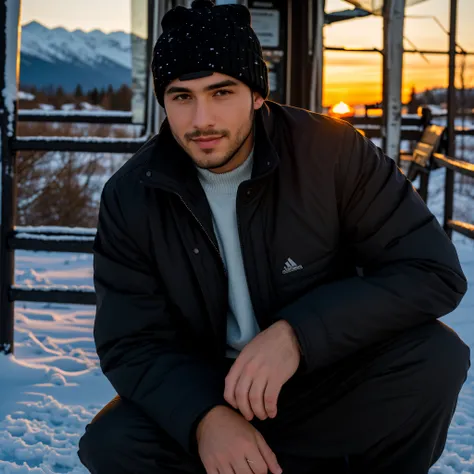 Man in a black hat, In a black jacket. Winter in the background, snowing, mountains, Beautiful sunset.