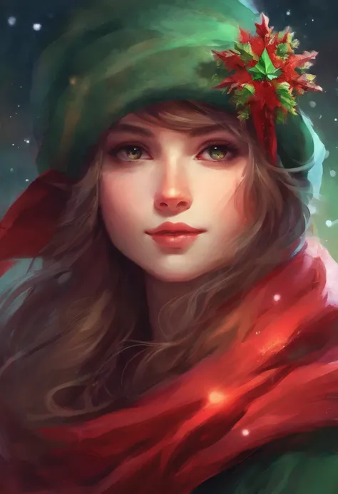 Face portrait of a cute girl in high definition, big bright eyes, rosy cheeks, with Christmas hat, green coat and red scarf, looking at camera.