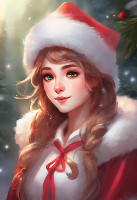 Face portrait of a cute girl in high definition, big bright eyes, rosy cheeks, with Christmas hat, green coat and red scarf, looking at camera.