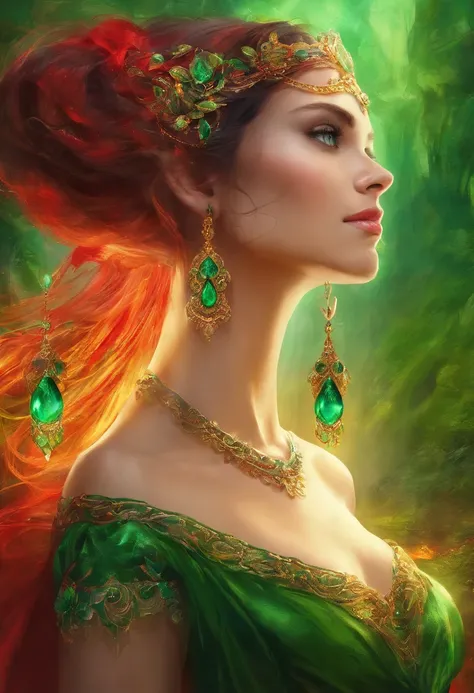 Portrait of a womans face in high definition, big bright green eyes, full red mouth, wearing large cascading emerald earrings, red dress with neckline and silver embroidery, long black hair, woman with sexy and seductive look, looking at