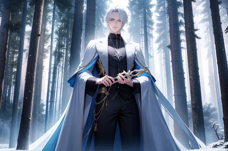 A tall man with messy white hair and crystal blue eyes wearing plain clothes standing in a winter forest. He is holding a ornate dagger in one hand.