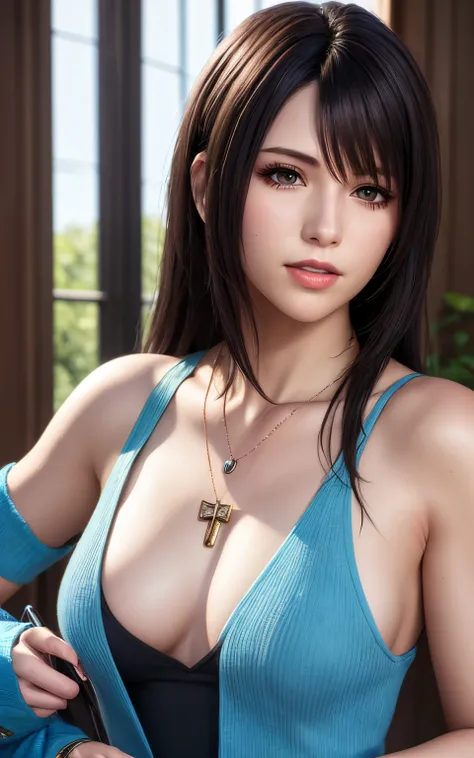 rinoa, blue duster, blue wristbands, holding necklace, portrait body, unparalleled masterpiece, ultra realistic 8k cg, perfect a...