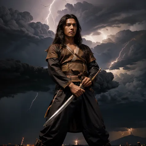 Um homem estilo anime de pele morena, black hair and brown eyes wearing a samurai outfit and holding a katana in the middle of a lightning storm with a dragon in the clouds