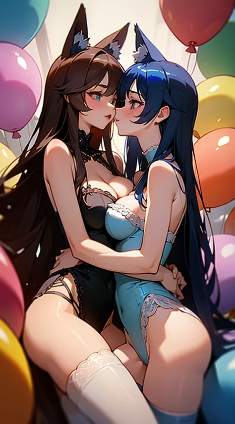 high quality, masterpiece, ultra-detailed, lingerie, thigh highs, extremely coloured, 2 little girls, beautiful, shiny skin, enchanting eyes, long hair, fox ears, balloons, kissing each other, yuri, big breasts